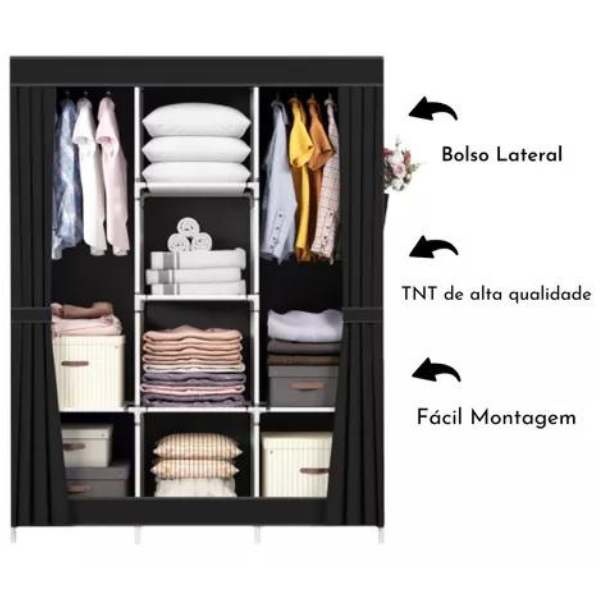 Guarda Roupa Dobrável 2 Portas Armário Para Organizar Roupa (PRETO)