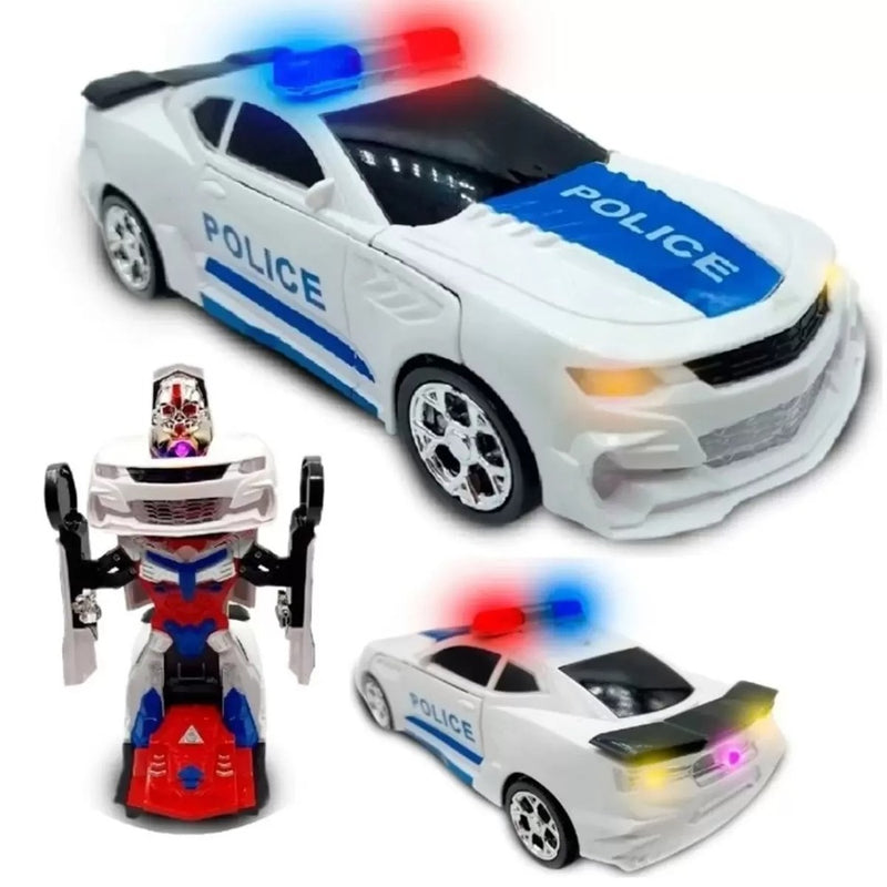 Carro Policia Transformers Robô Branco Musica Luz Bate Volta