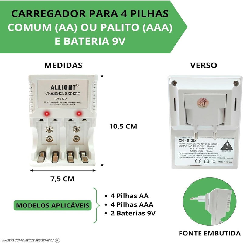 Super Carregador Rápido Bivolt + 8 pilhas recarregavel AAA / AA