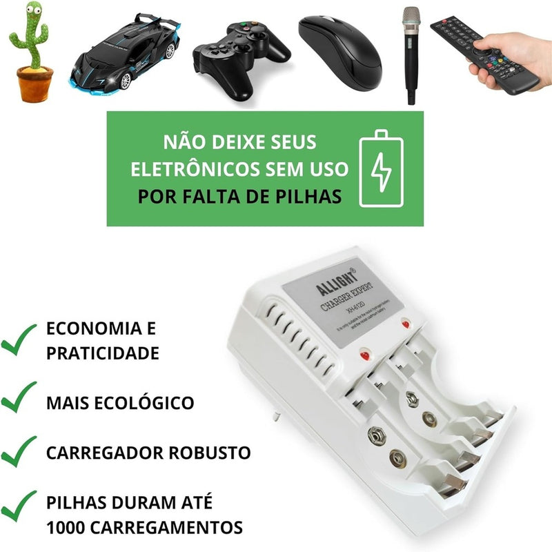 Super Carregador Rápido Bivolt + 8 pilhas recarregavel AAA / AA