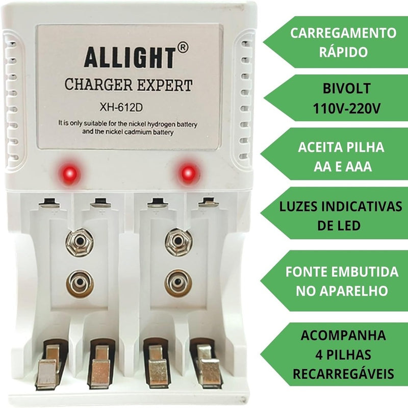 Super Carregador Rápido Bivolt + 8 pilhas recarregavel AAA / AA