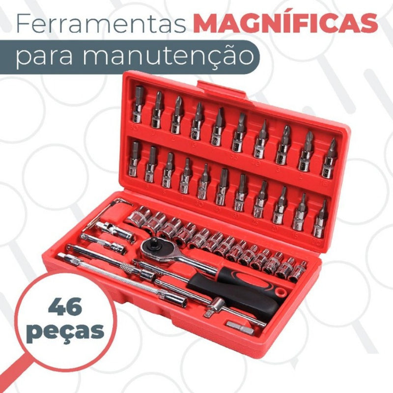 Kit De Ferramentas 46 Peças Jogo De Soquetes Chave Catraca Reversível Com Maleta Jogo De Ferramentas