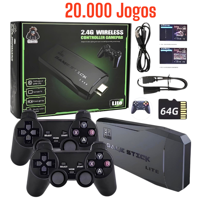 Video Game Stick 4K Com 20000 Jogos 64gb 2 Controles Sem Fio Console Portatil Jogos Retro