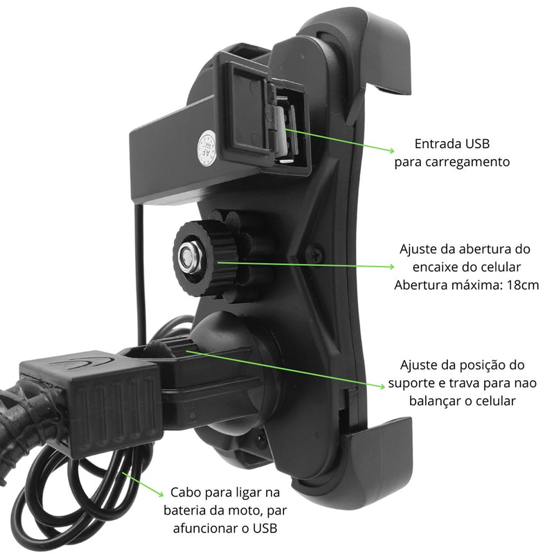 Suporte De Celular Gps Para Moto Com Carregador Usb Universal Fixa Retrovisor